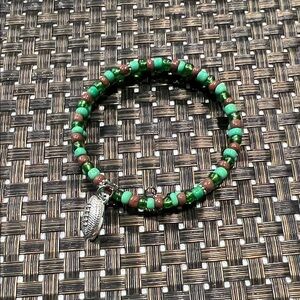 Hand Crafted Green and Brown Beaded Bracelet with Silver Football 🏈 Charm